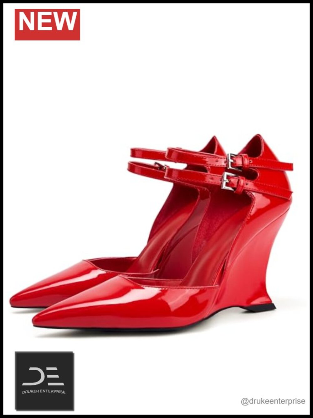 Pointed Toe Wedge Heels Women Double Ankle Strap Patent Leather Pumps